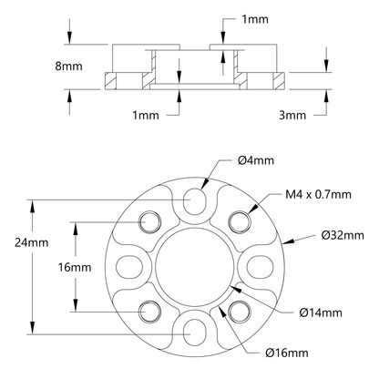 1505 Series 32mm OD Counterbored Pattern Spacer (8mm Length)