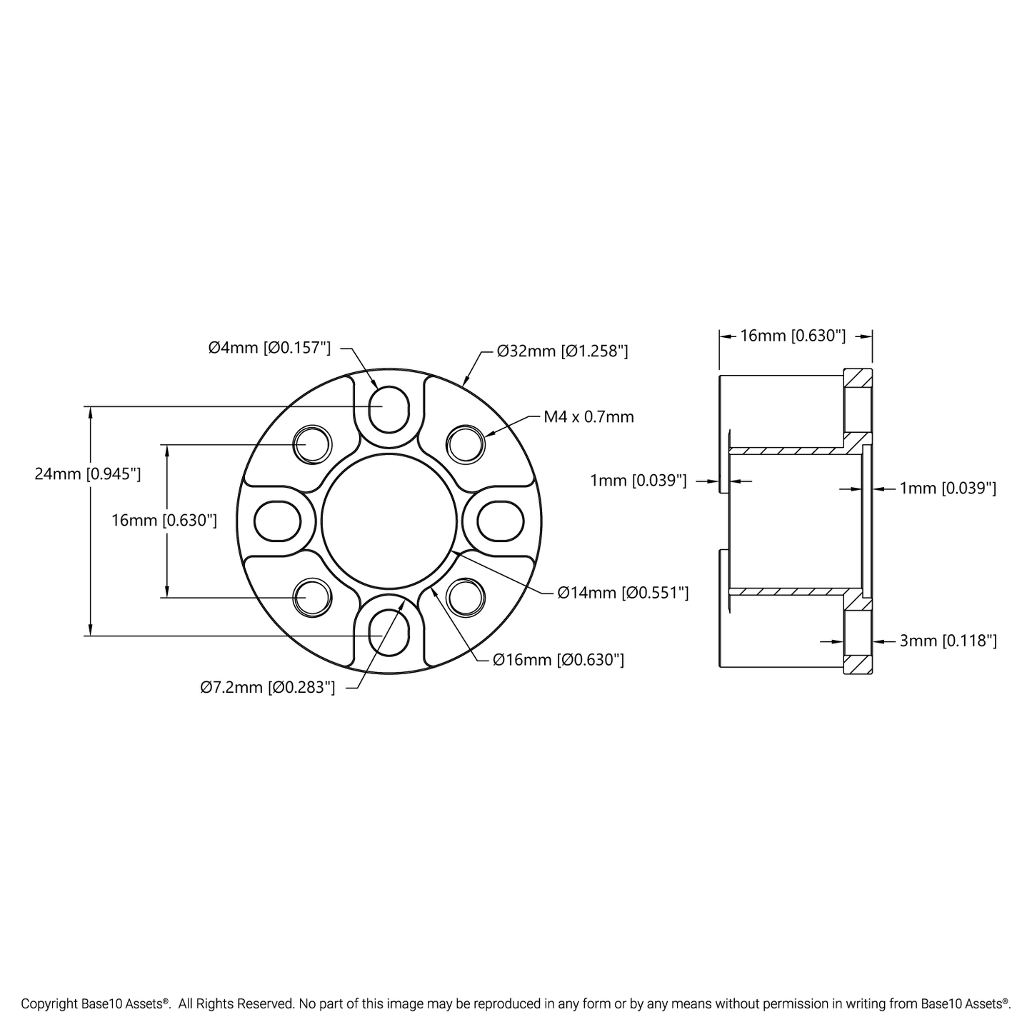 1505 Series 32mm OD Counterbored Pattern Spacer (16mm Length)