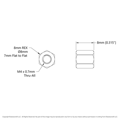 1516 Series 8mm REX™ Standoff (M4 x 0.7mm Threads, 8mm Length) - 4 Pack