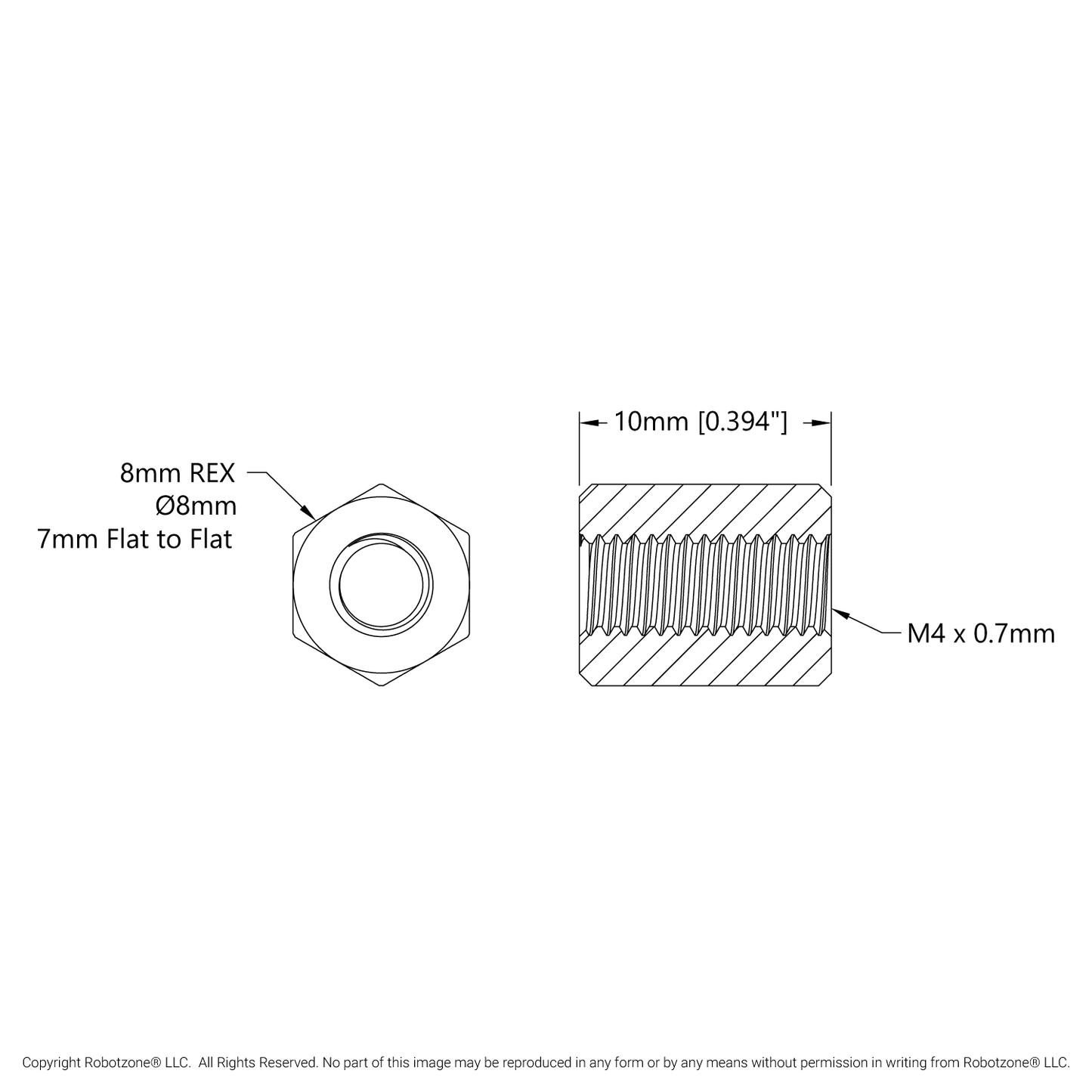 1516 Series 8mm REX™ Standoff (M4 x 0.7mm Threads, 10mm Length) - 4 Pack