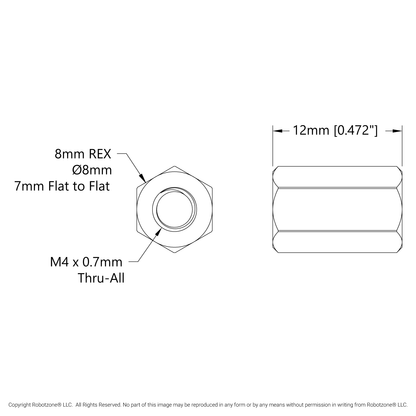 1516 Series 8mm REX™ Standoff (M4 x 0.7mm Threads, 12mm Length) - 4 Pack