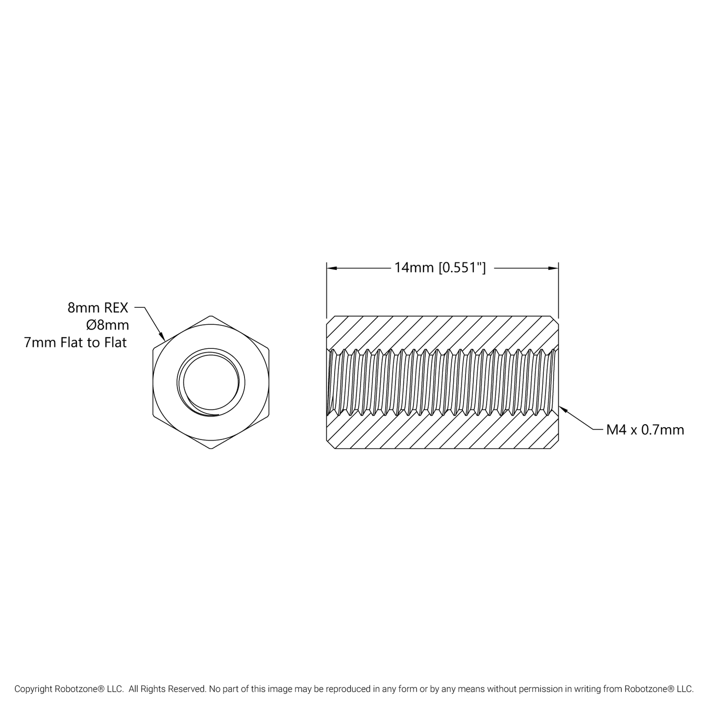 1516 Series 8mm REX™ Standoff (M4 x 0.7mm Threads, 14mm Length) - 4 Pack