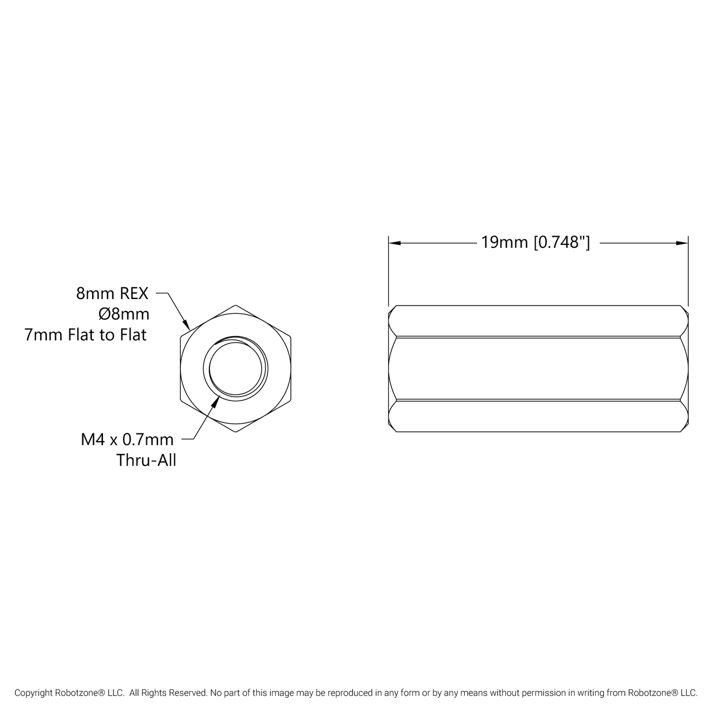 1516 Series 8mm REX™ Standoff (M4 x 0.7mm Threads, 19mm Length) - 4 Pack