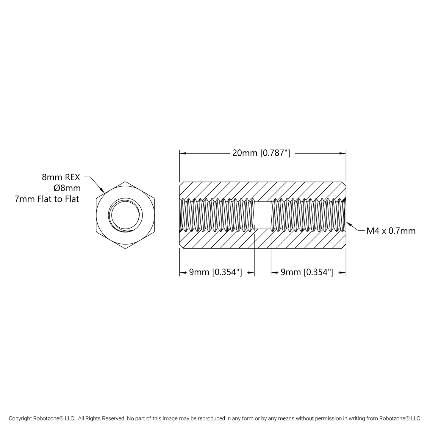 1516 Series 8mm REX™ Standoff (M4 x 0.7mm Threads, 20mm Length) - 4 Pack