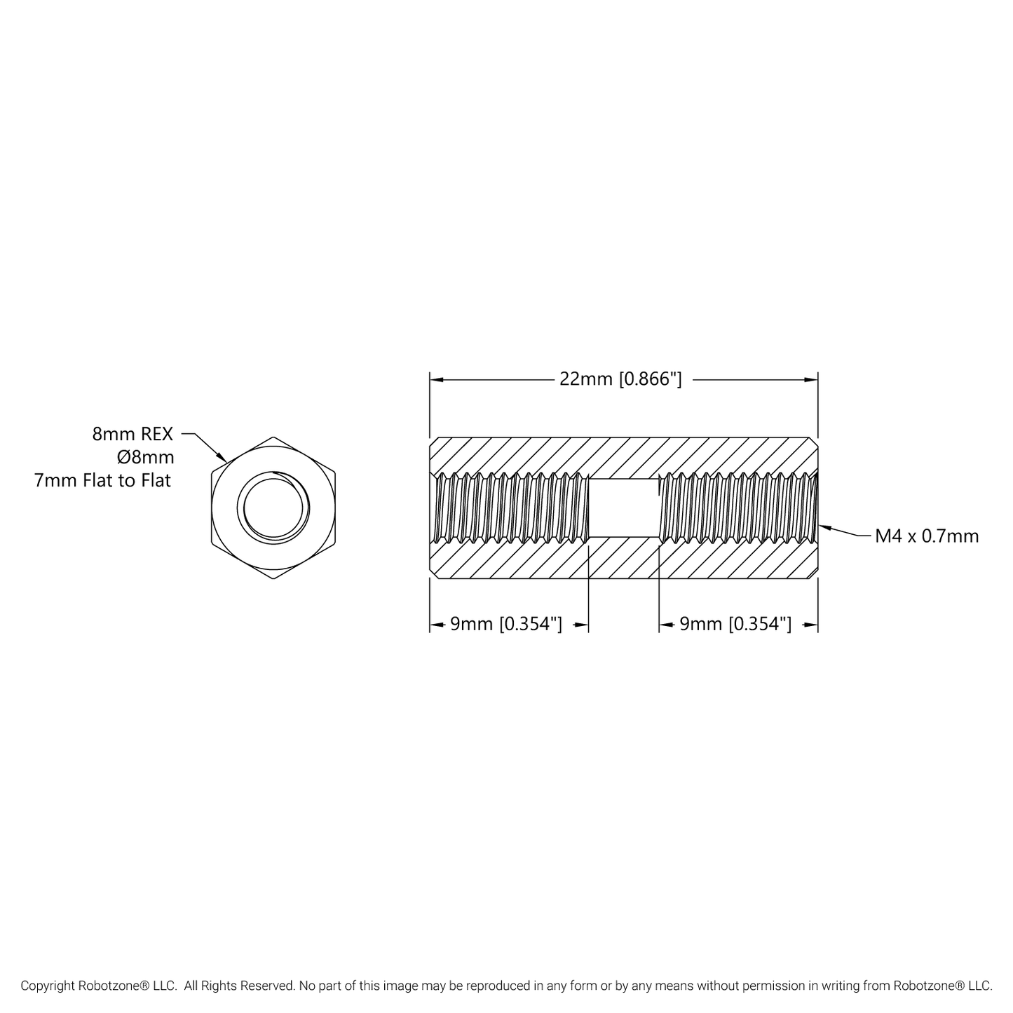 1516 Series 8mm REX™ Standoff (M4 x 0.7mm Threads, 22mm Length) - 4 Pack