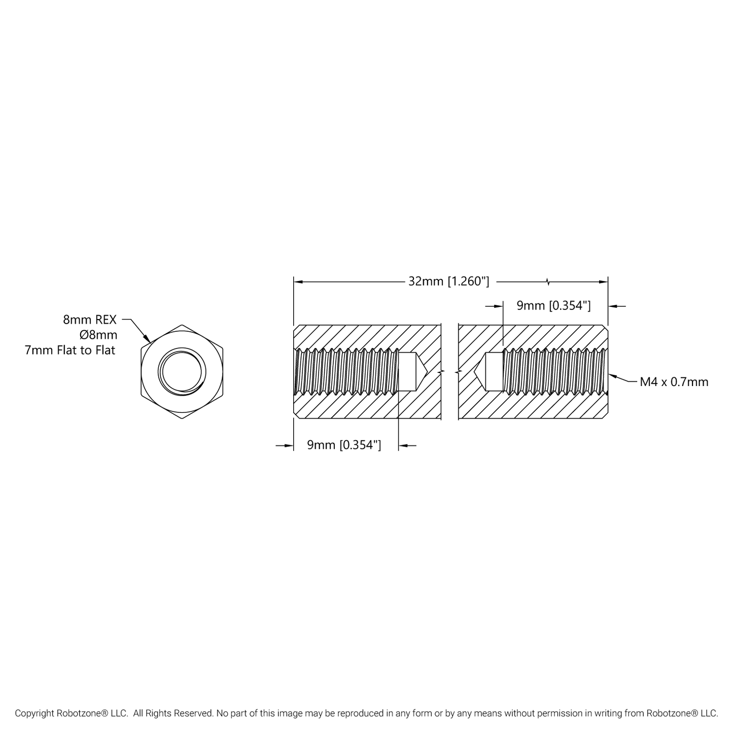 1516 Series 8mm REX™ Standoff (M4 x 0.7mm Threads, 32mm Length) - 4 Pack