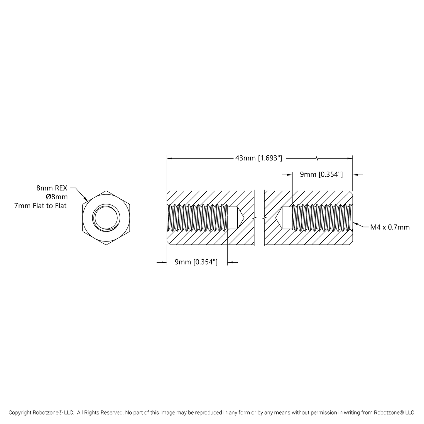 1516 Series 8mm REX Standoff (M4 x 0.7mm Threads, 43mm Length) - 4 Pack