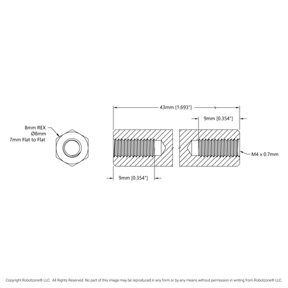 1516 Series 8mm REX Standoff (M4 x 0.7mm Threads, 43mm Length) - 4 Pack