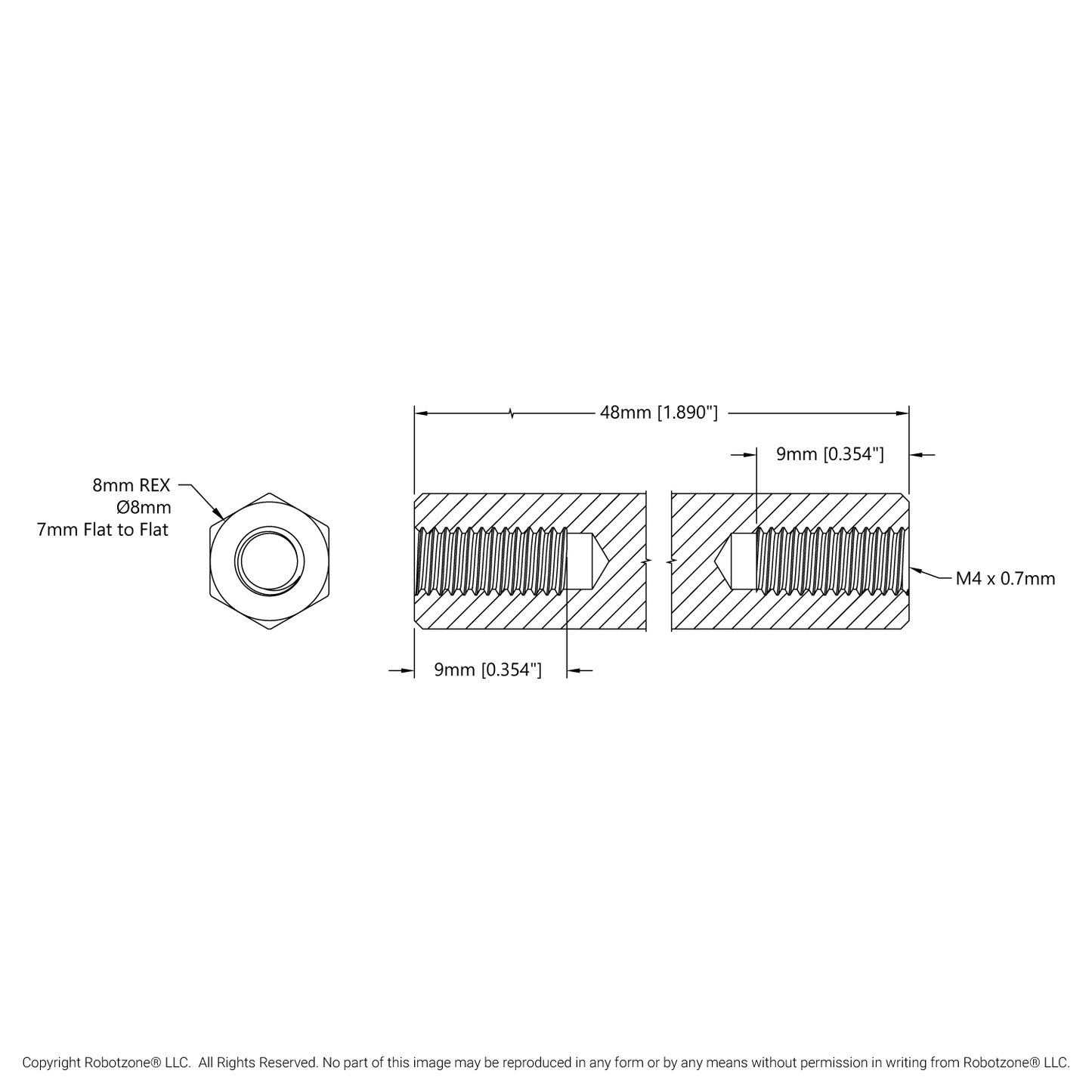 1516 Series 8mm REX Standoff (M4 x 0.7mm Threads, 48mm Length) - 4 Pack