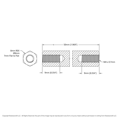 1516 Series 8mm REX™ Standoff (M4 x 0.7mm Threads, 50mm Length) - 4 Pack