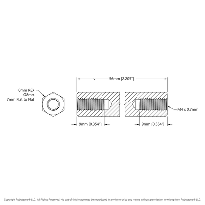 1516 Series 8mm REX™ Standoff (M4 x 0.7mm Threads, 56mm Length) - 4 Pack