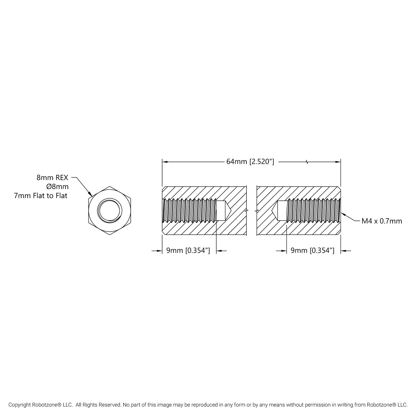 1516 Series 8mm REX™ Standoff (M4 x 0.7mm Threads, 64mm Length) - 4 Pack