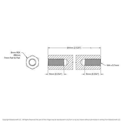 1516 Series 8mm REX™ Standoff (M4 x 0.7mm Threads, 64mm Length) - 4 Pack