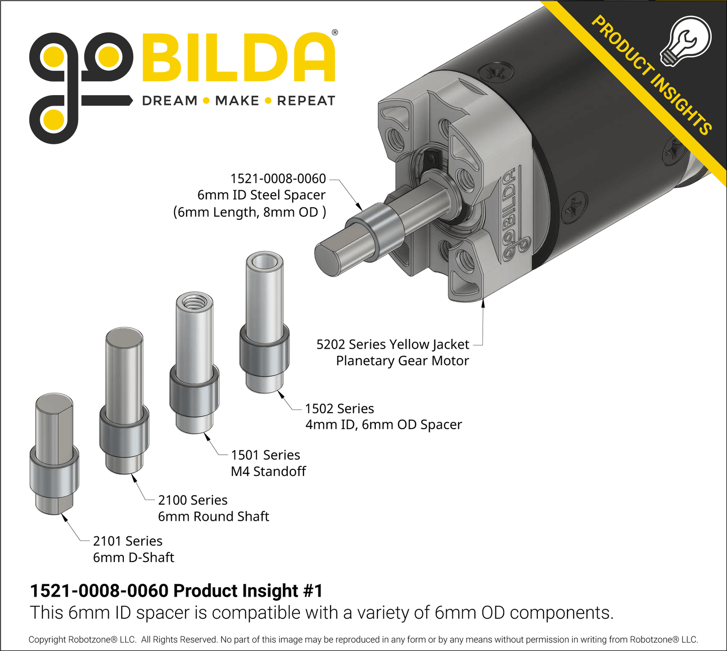 1521 Series 6mm ID Spacer (8mm OD, 6mm Length) - 4 Pack