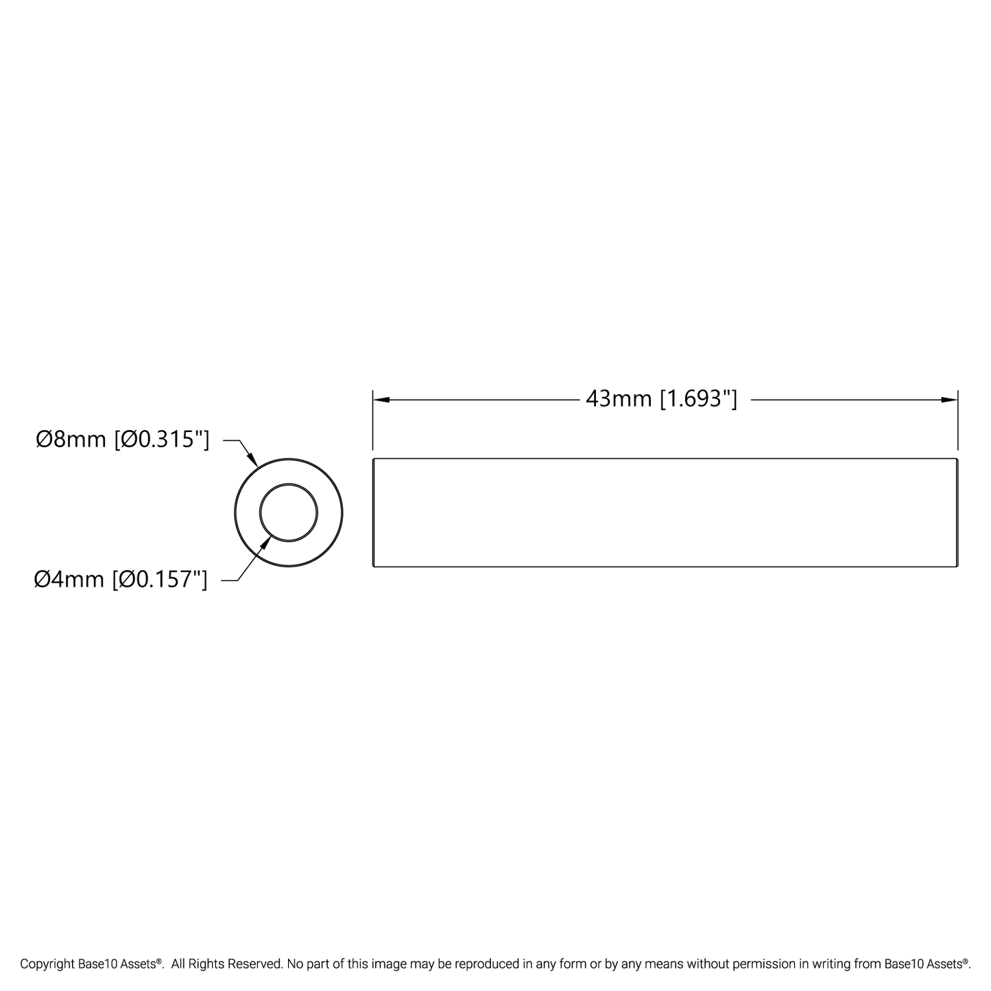 4mm ID Aluminum Spacer (8mm OD, 43mm Length) - 4 Pack