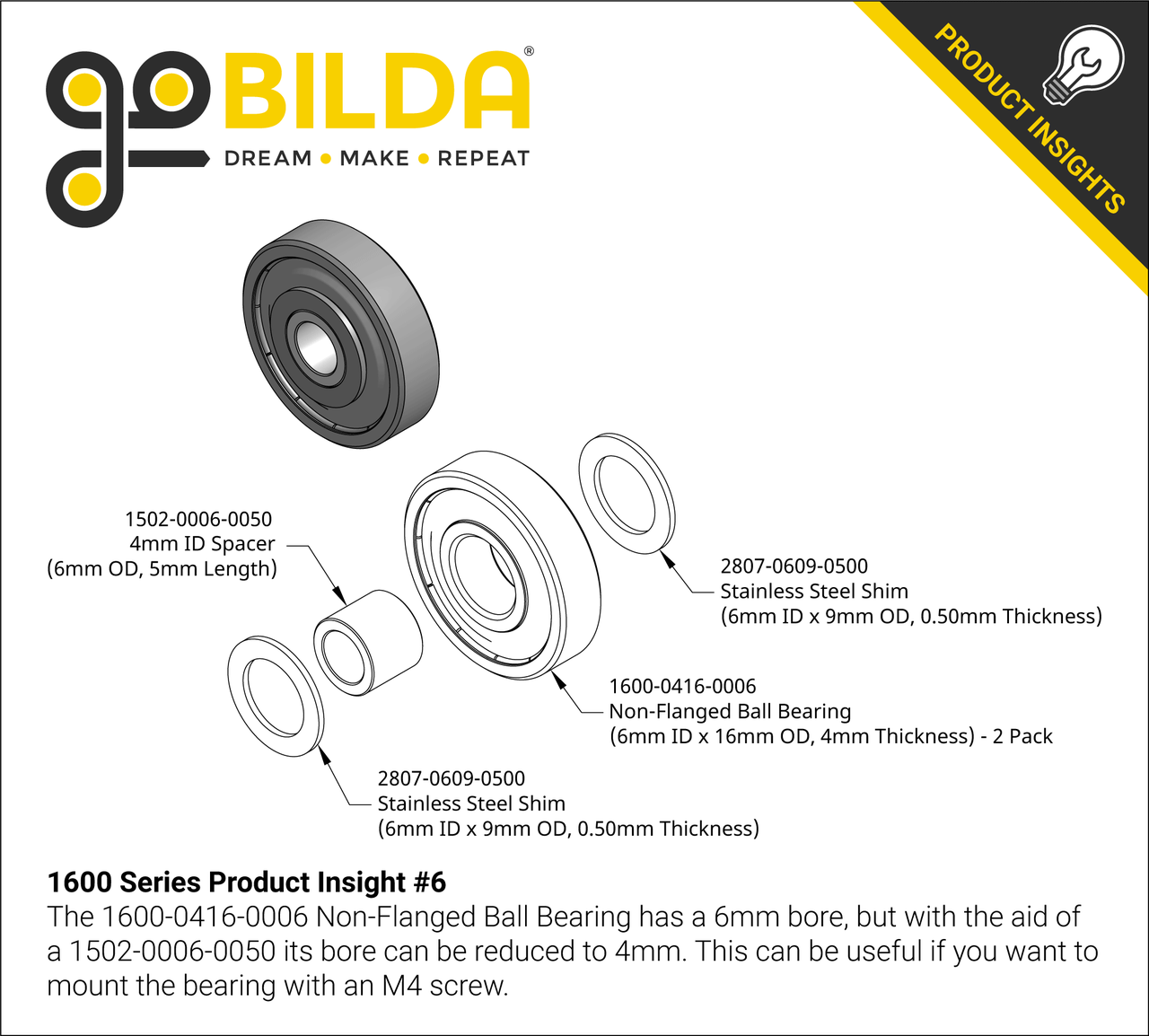 6mm ID Non-Flanged Ball Bearing (16mm OD, 4mm Thickness) - 2 Pack