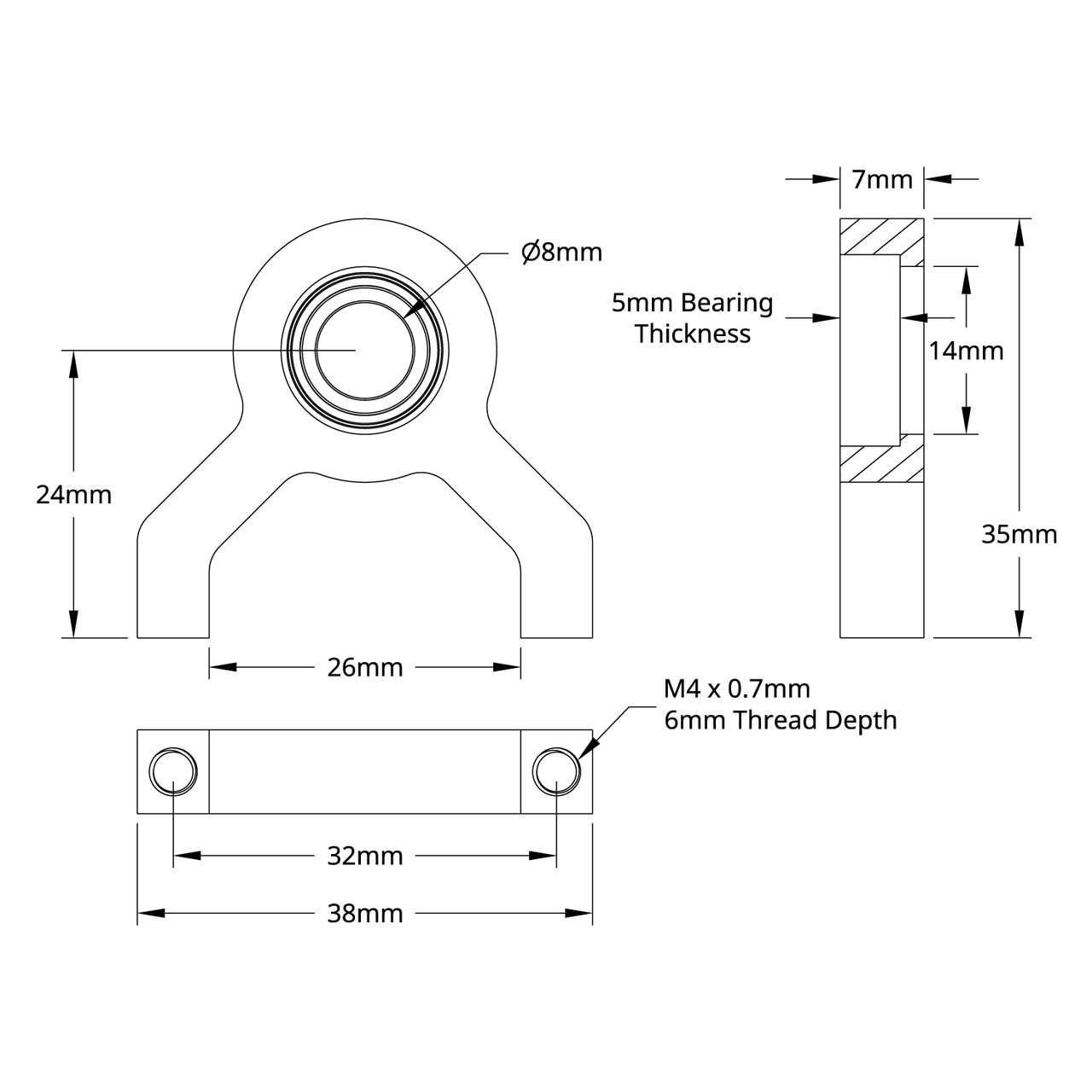 1-Side, 2-Post Pillow Block (8mm Bore)