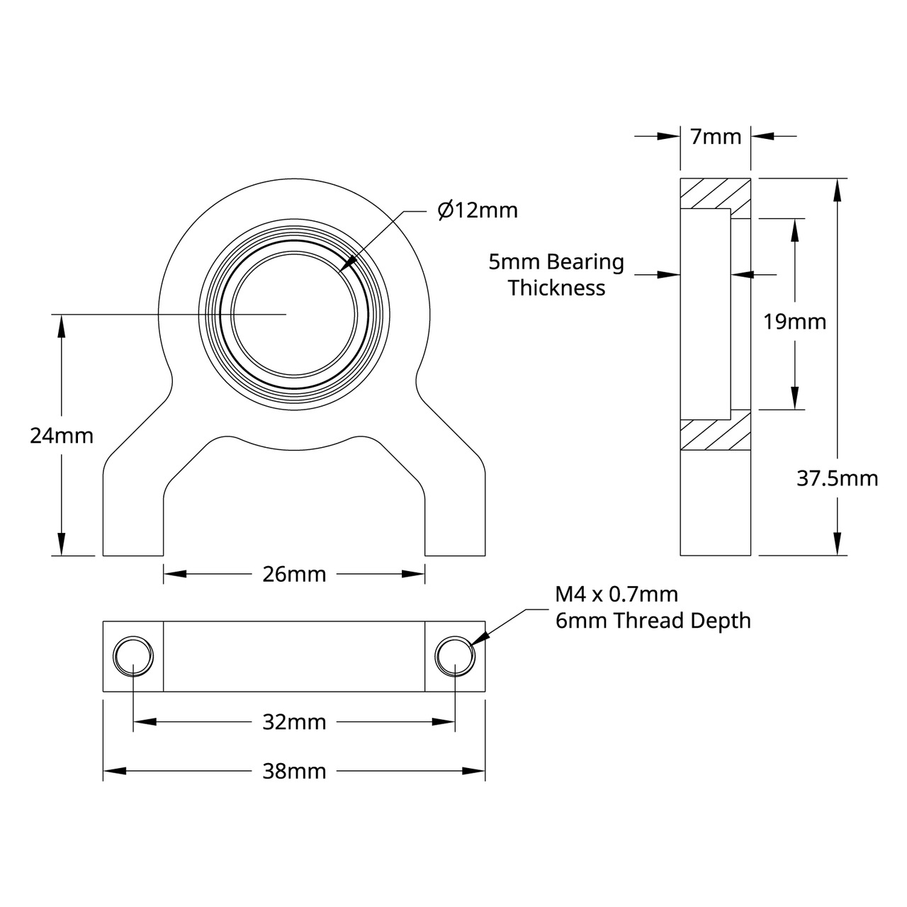 1-Side, 2-Post Pillow Block (12mm Bore)