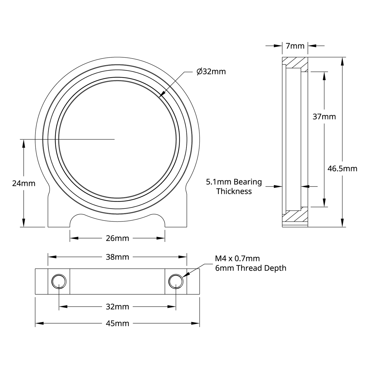 1-Side, 2-Post Pillow Block (32mm Bore)