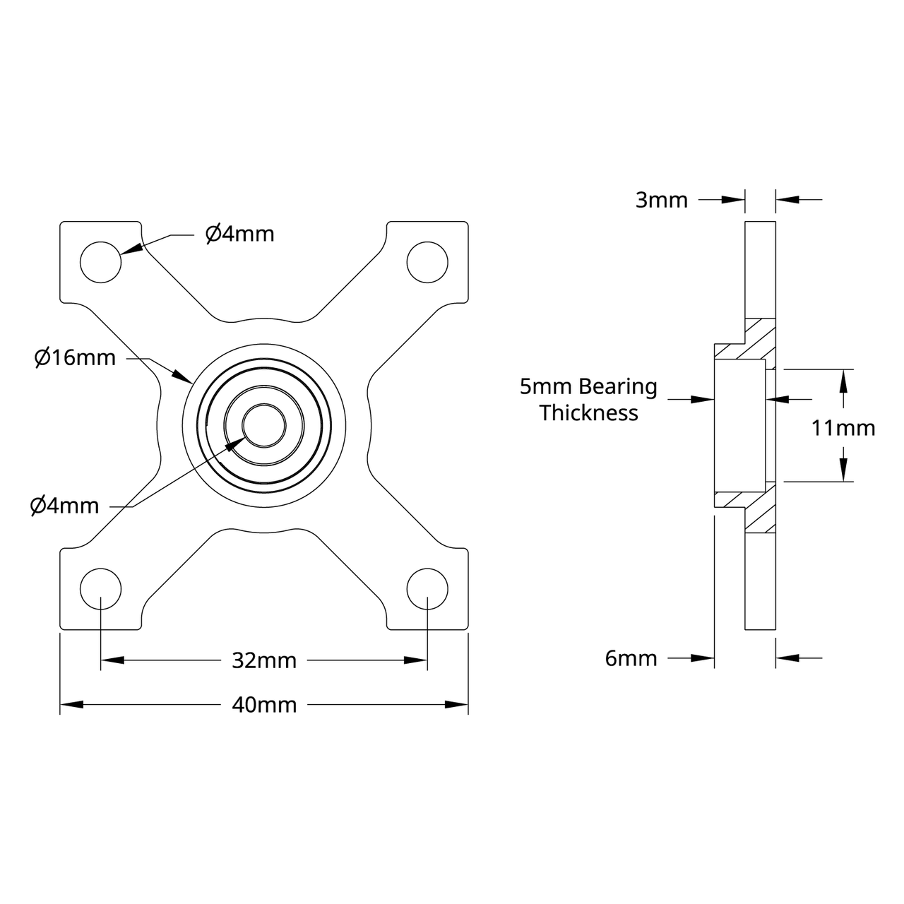 4mm Bore Face Thru-Hole Pillow Block (32mm x 32mm Mounting Pattern)