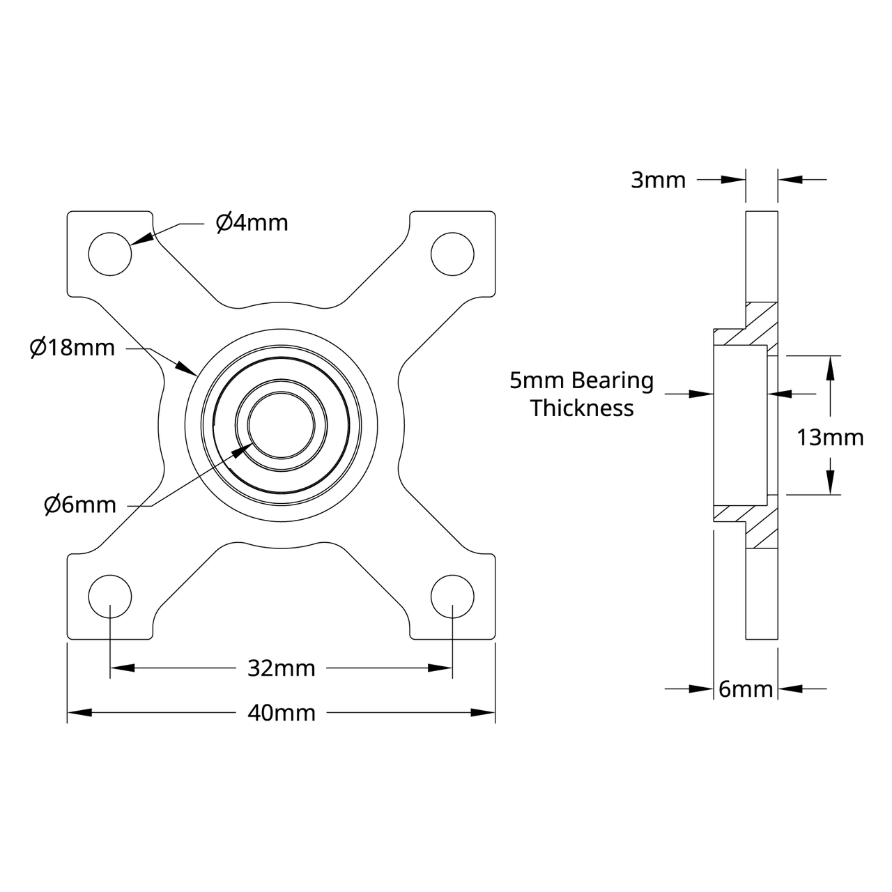 6mm Bore Face Thru-Hole Pillow Block (32mm x 32mm Mounting Pattern)