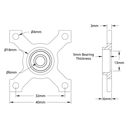 6mm Bore Face Thru-Hole Pillow Block (32mm x 32mm Mounting Pattern)