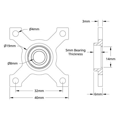 8mm Bore Face Thru-Hole Pillow Block (32mm x 32mm Mounting Pattern)