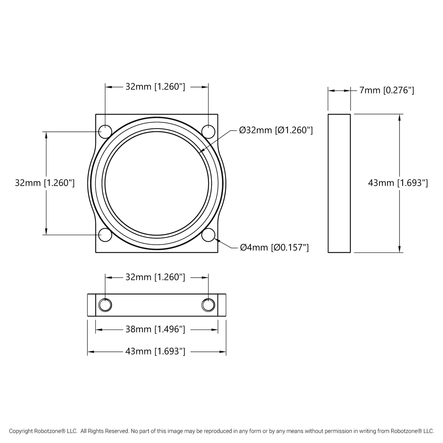 32mm Bore 2-Side, 2-Post Pillow Block (43mm Width)