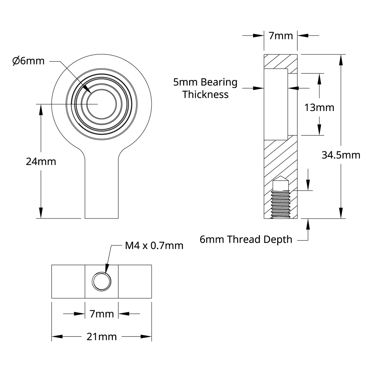 6mm Bore 1-Side, 1-Post Pillow Block (24mm Height)