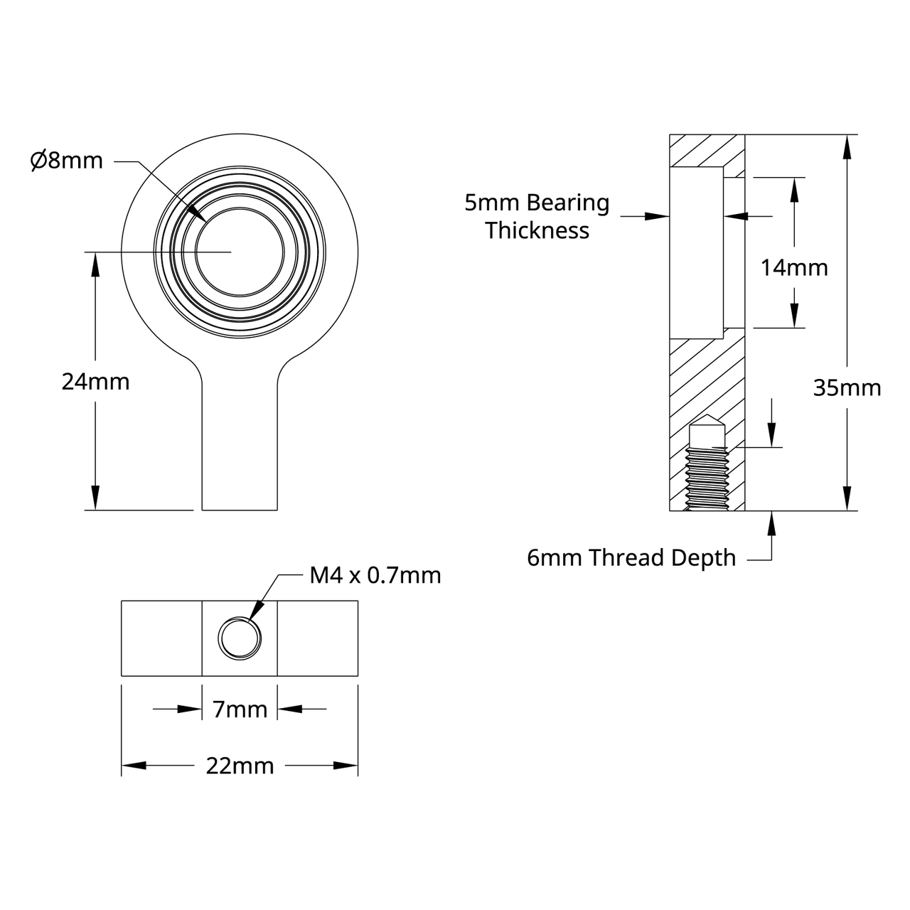 8mm Bore 1-Side, 1-Post Pillow Block (24mm Height)