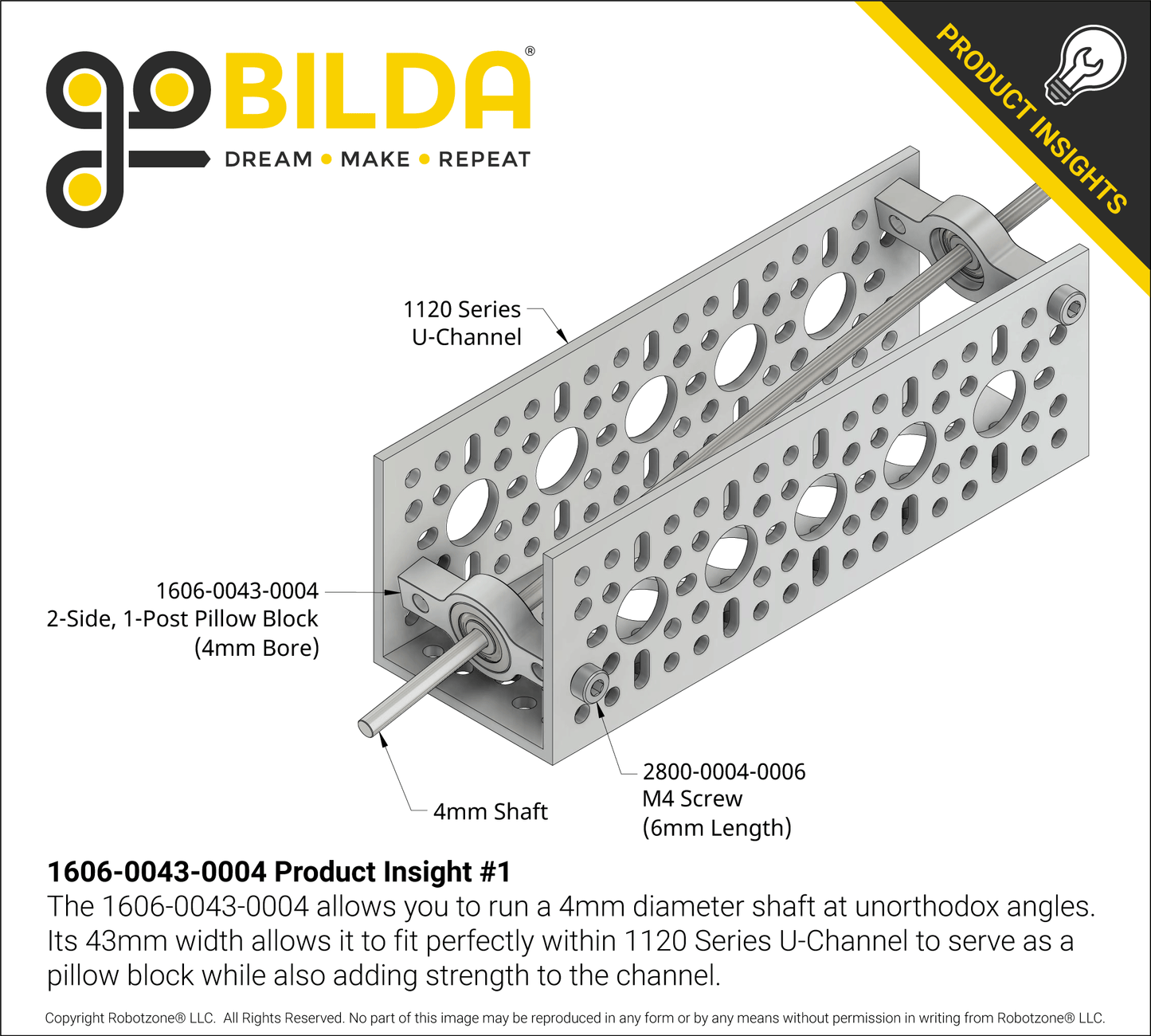 4mm Bore 2-Side, 1-Post Pillow Block (43mm Width)