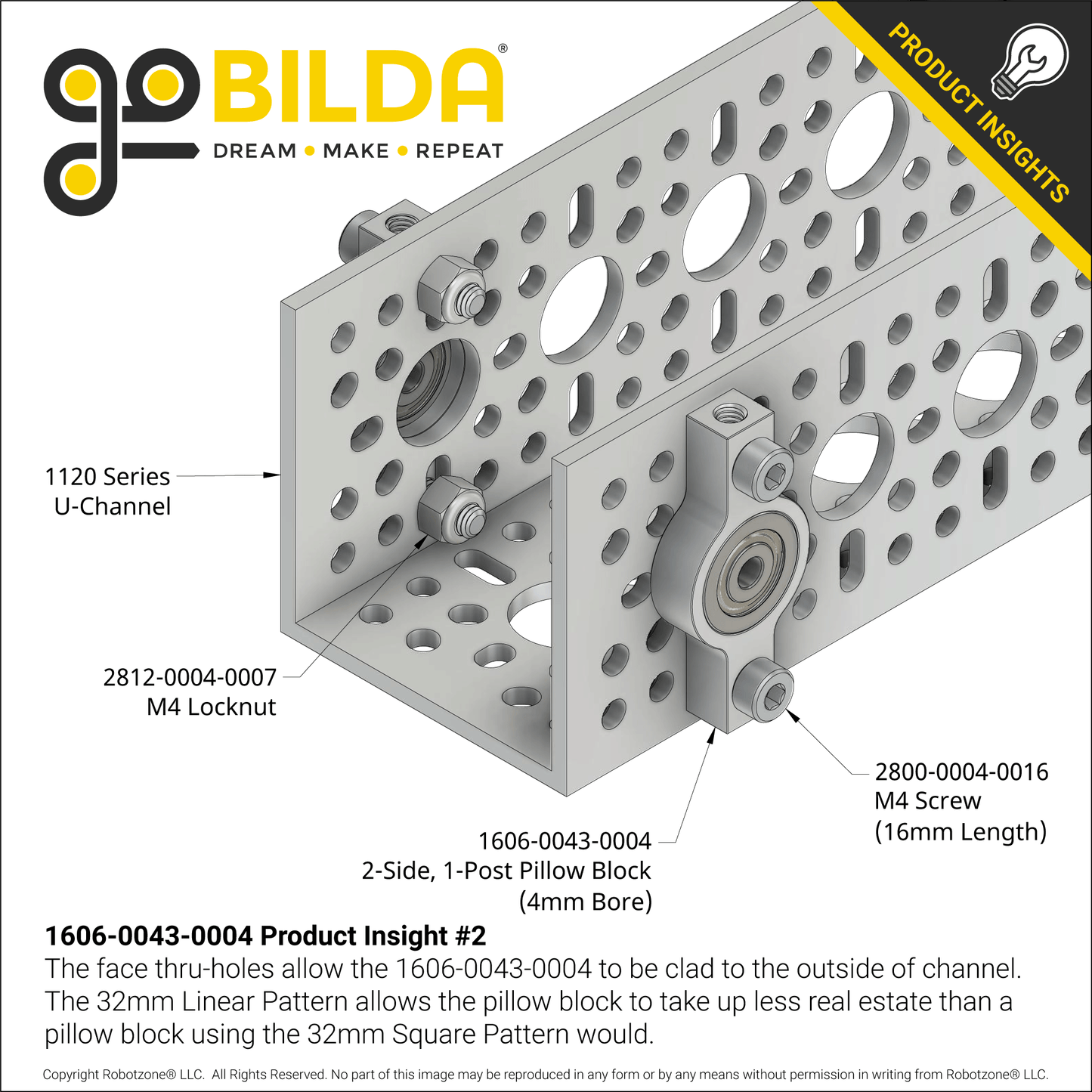 4mm Bore 2-Side, 1-Post Pillow Block (43mm Width)