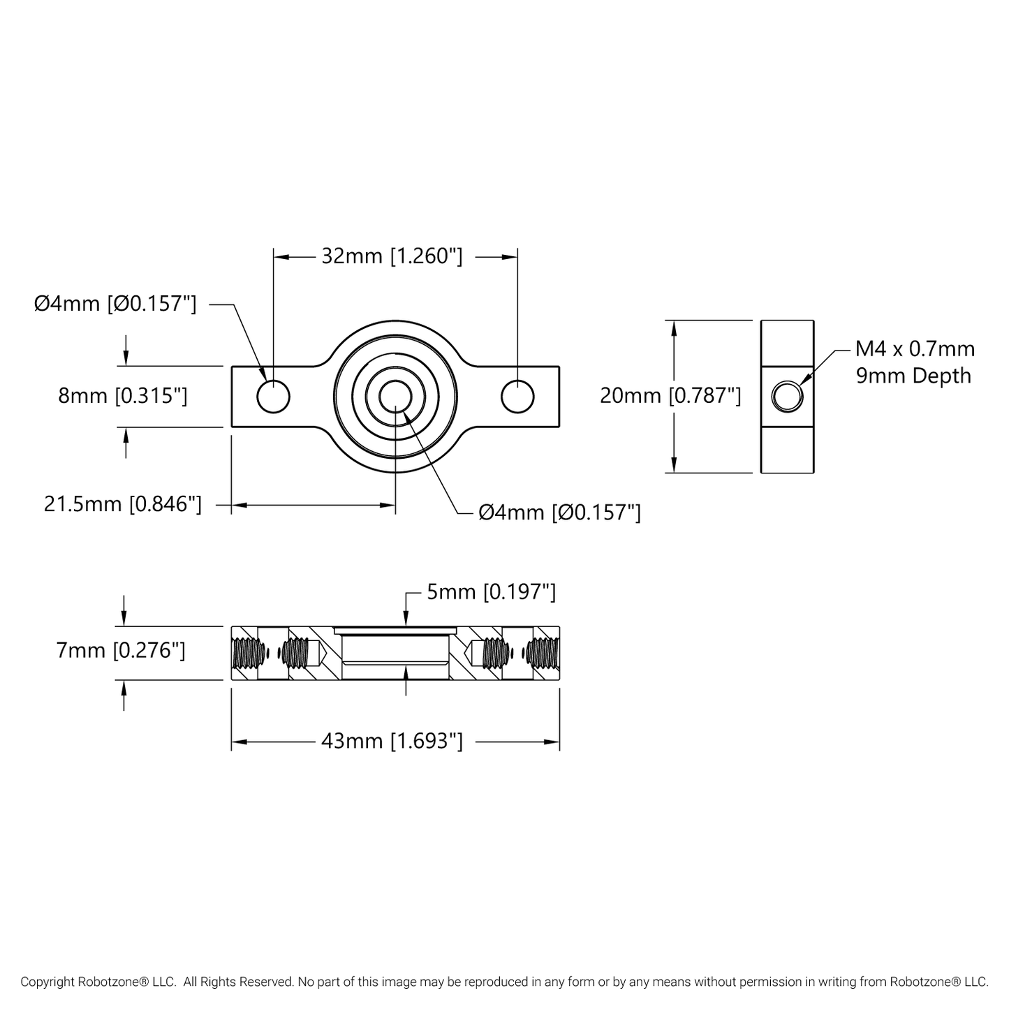 4mm Bore 2-Side, 1-Post Pillow Block (43mm Width)