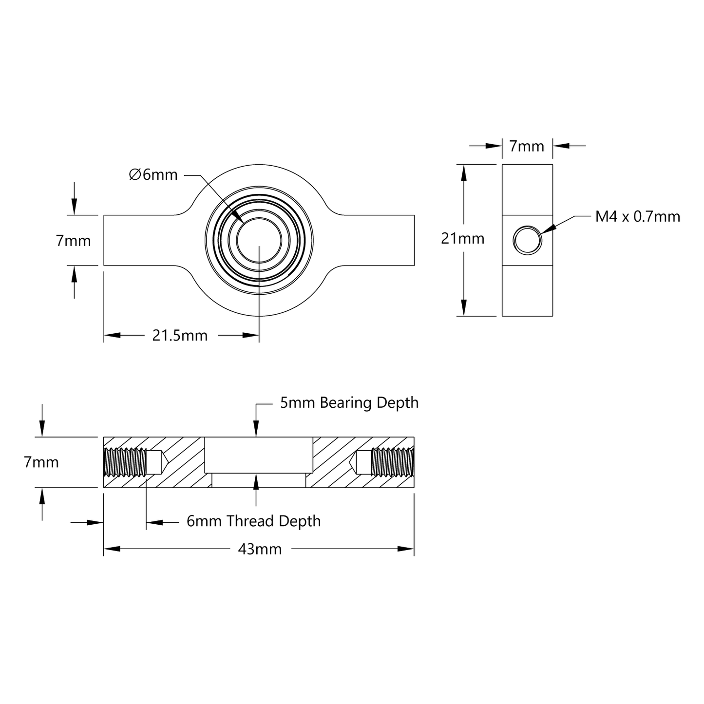 6mm Bore 2-Side, 1-Post Pillow Block (43mm Width)