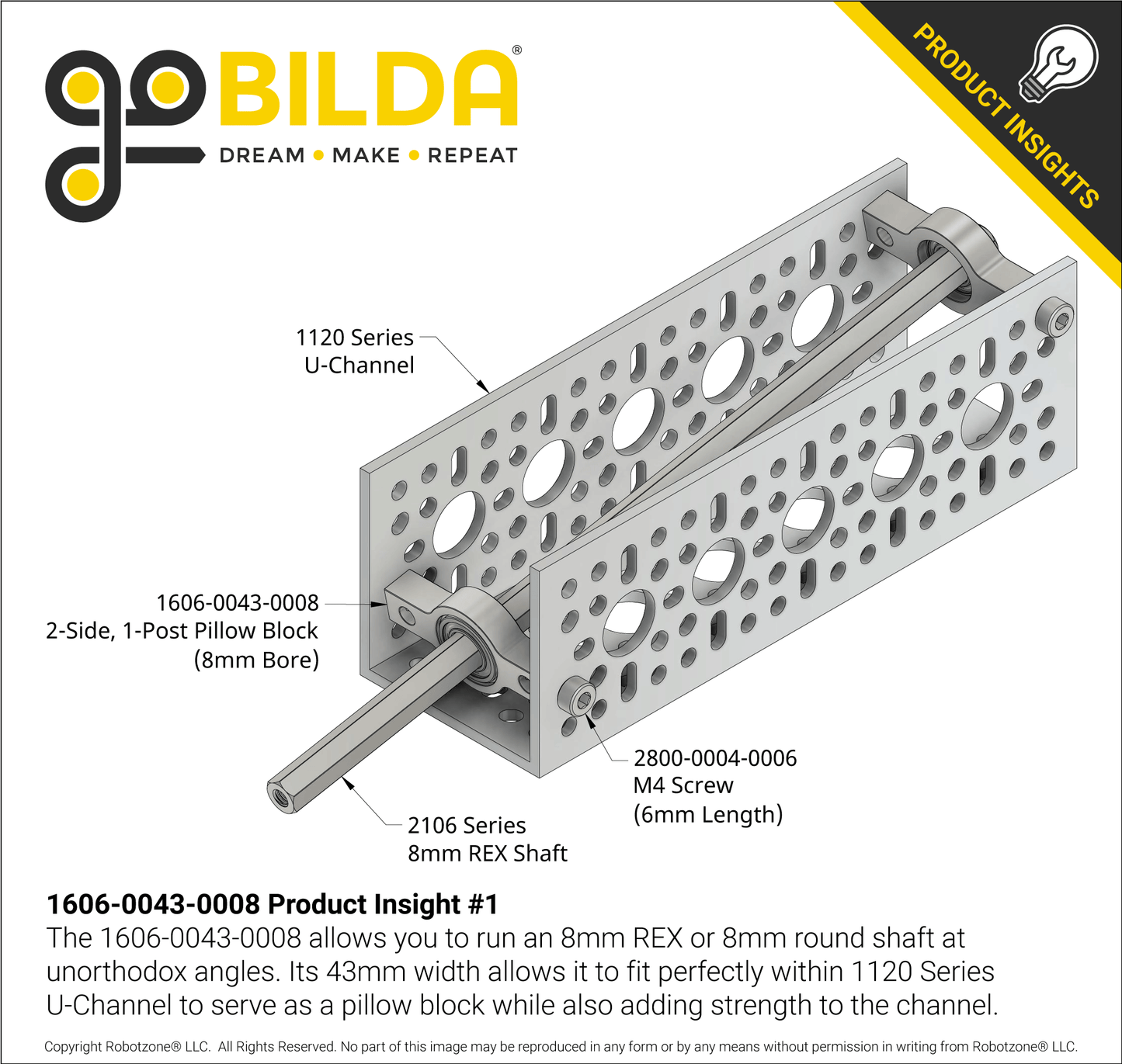 8mm Bore 2-Side, 1-Post Pillow Block (43mm Width)