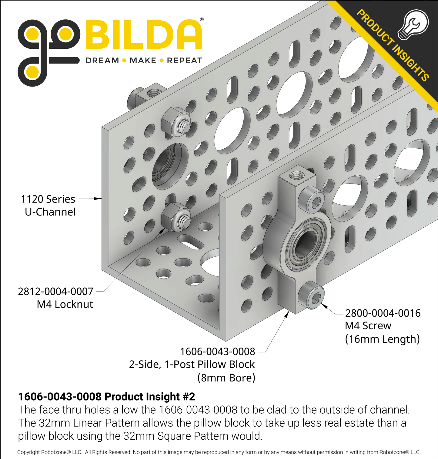 8mm Bore 2-Side, 1-Post Pillow Block (43mm Width)