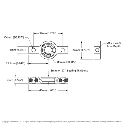 8mm Bore 2-Side, 1-Post Pillow Block (43mm Width)