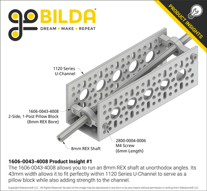 8mm REX™ Bore 2-Side, 1-Post Pillow Block (43mm Width)