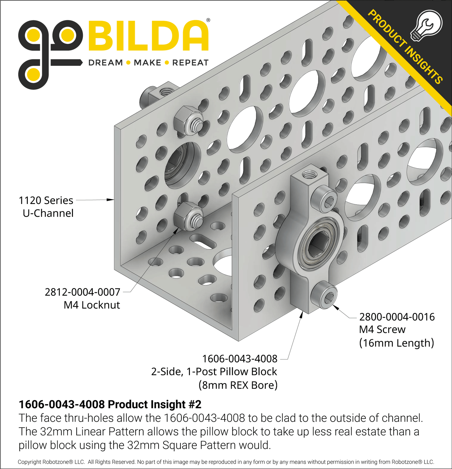 8mm REX™ Bore 2-Side, 1-Post Pillow Block (43mm Width)