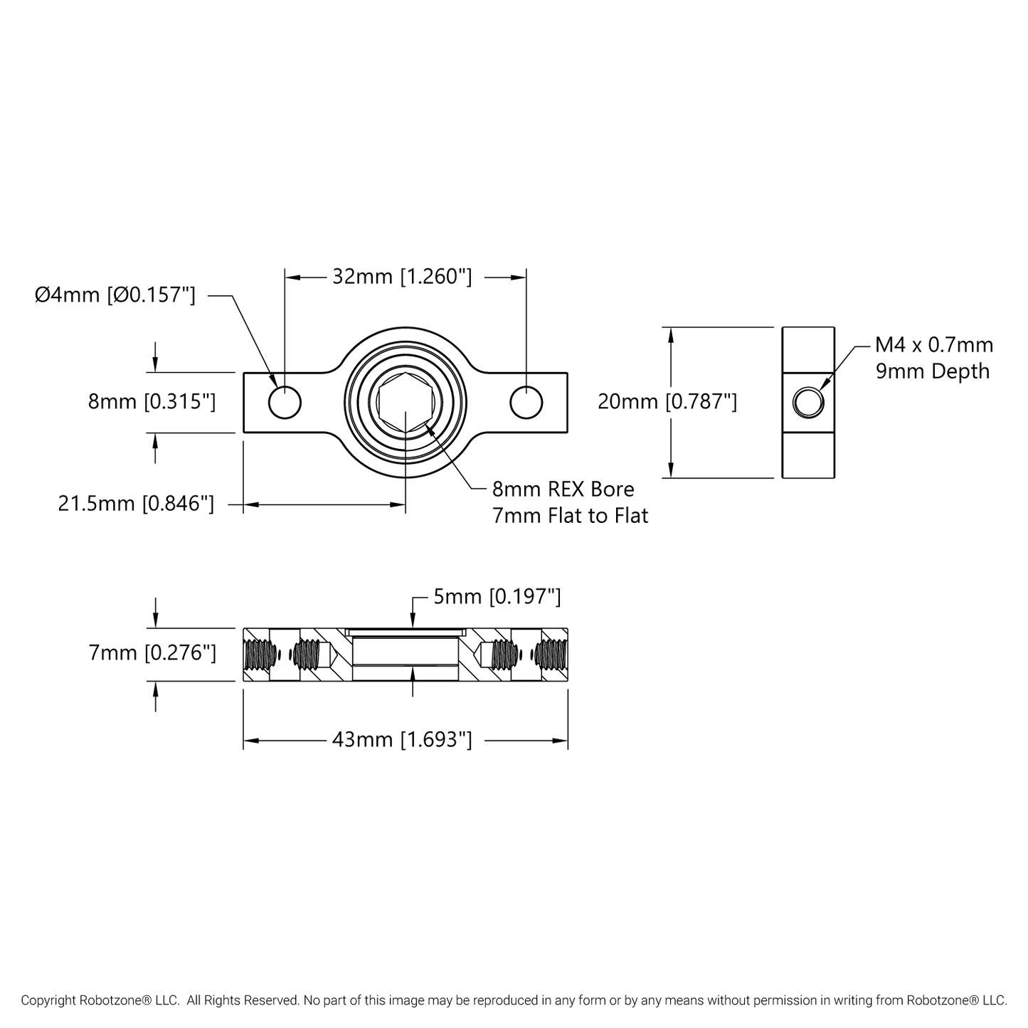 8mm REX™ Bore 2-Side, 1-Post Pillow Block (43mm Width)