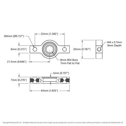 8mm REX™ Bore 2-Side, 1-Post Pillow Block (43mm Width)