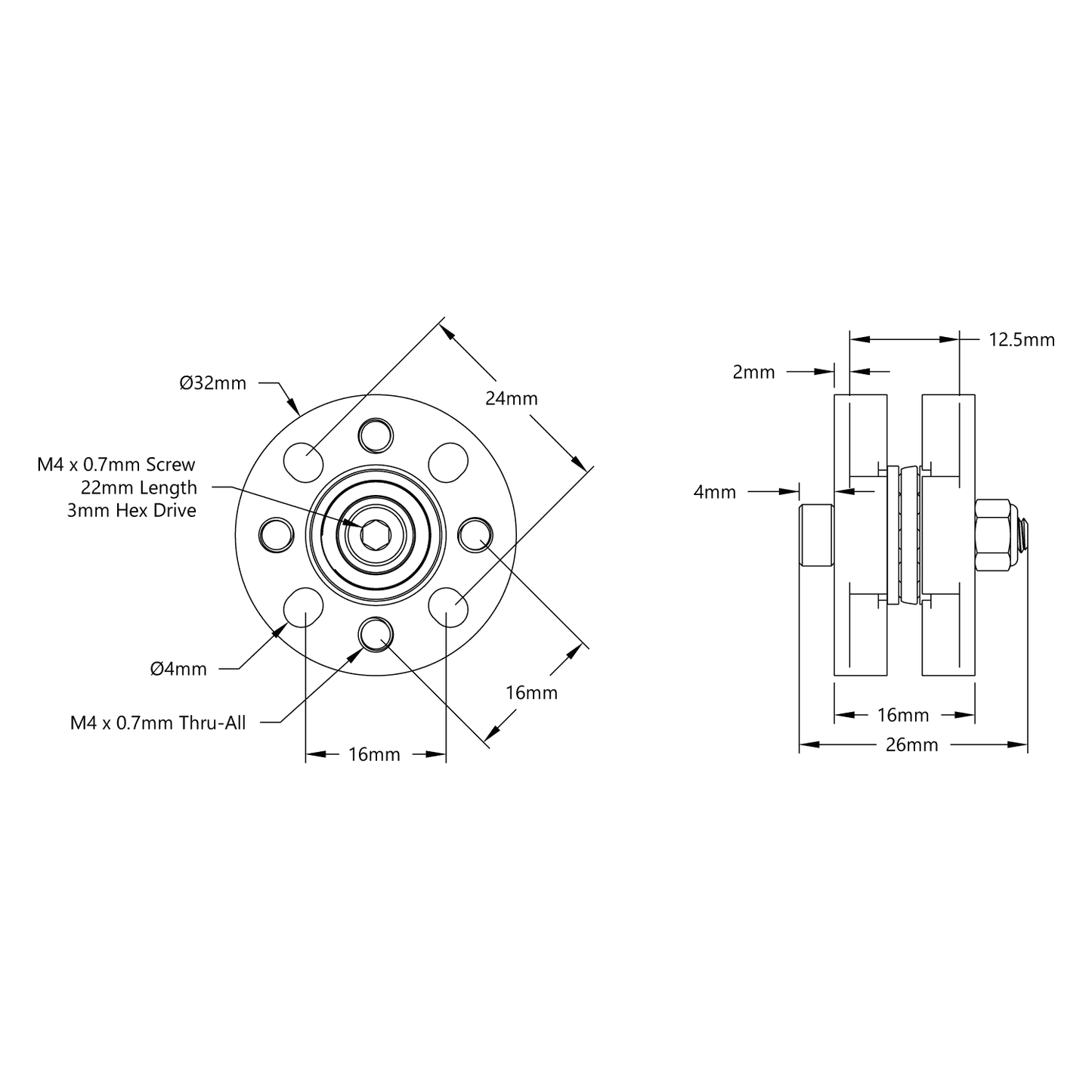 Idler Bearing-Hub (32mm OD, 16mm Height)