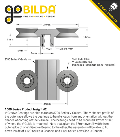 1609 Series V-Groove Bearing (4mm ID x 13mm OD, 6mm Thickness) - 2 Pack