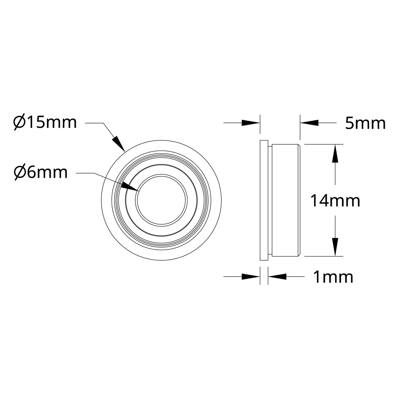 1611 Series Flanged Ball Bearing (6mm ID x 14mm OD, 5mm Thickness) - 2 Pack