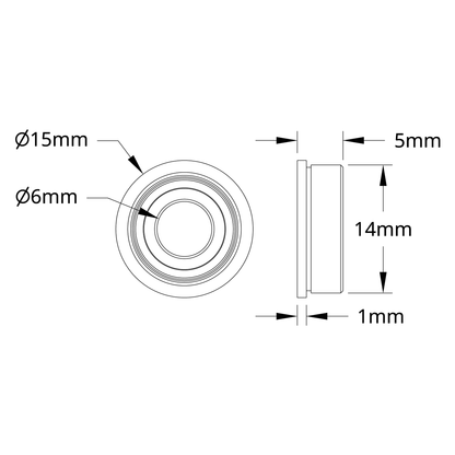 1611 Series Flanged Ball Bearing (6mm ID x 14mm OD, 5mm Thickness) - 2 Pack