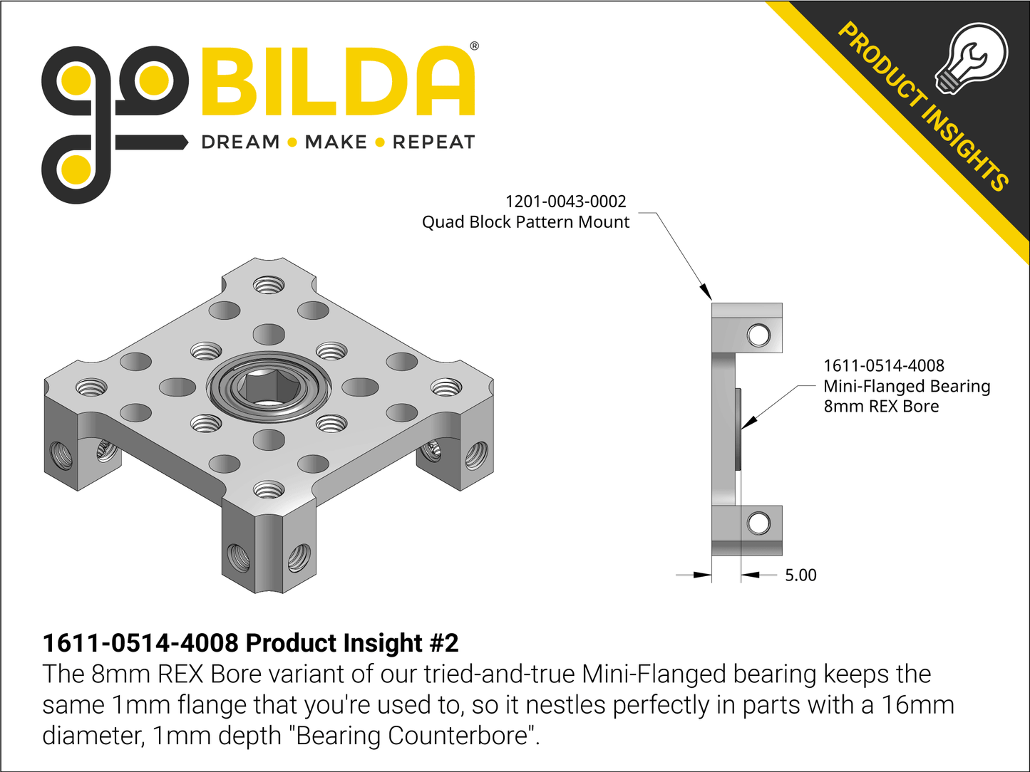 1611 Series Flanged Ball Bearing (8mm REX™ ID x 14mm OD, 5mm Thickness) - 2 Pack