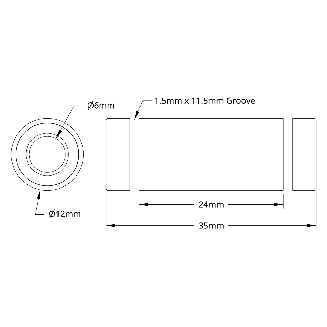 6mm ID Linear Ball Bearing (12mm OD, 35mm Length) - 2 Pack