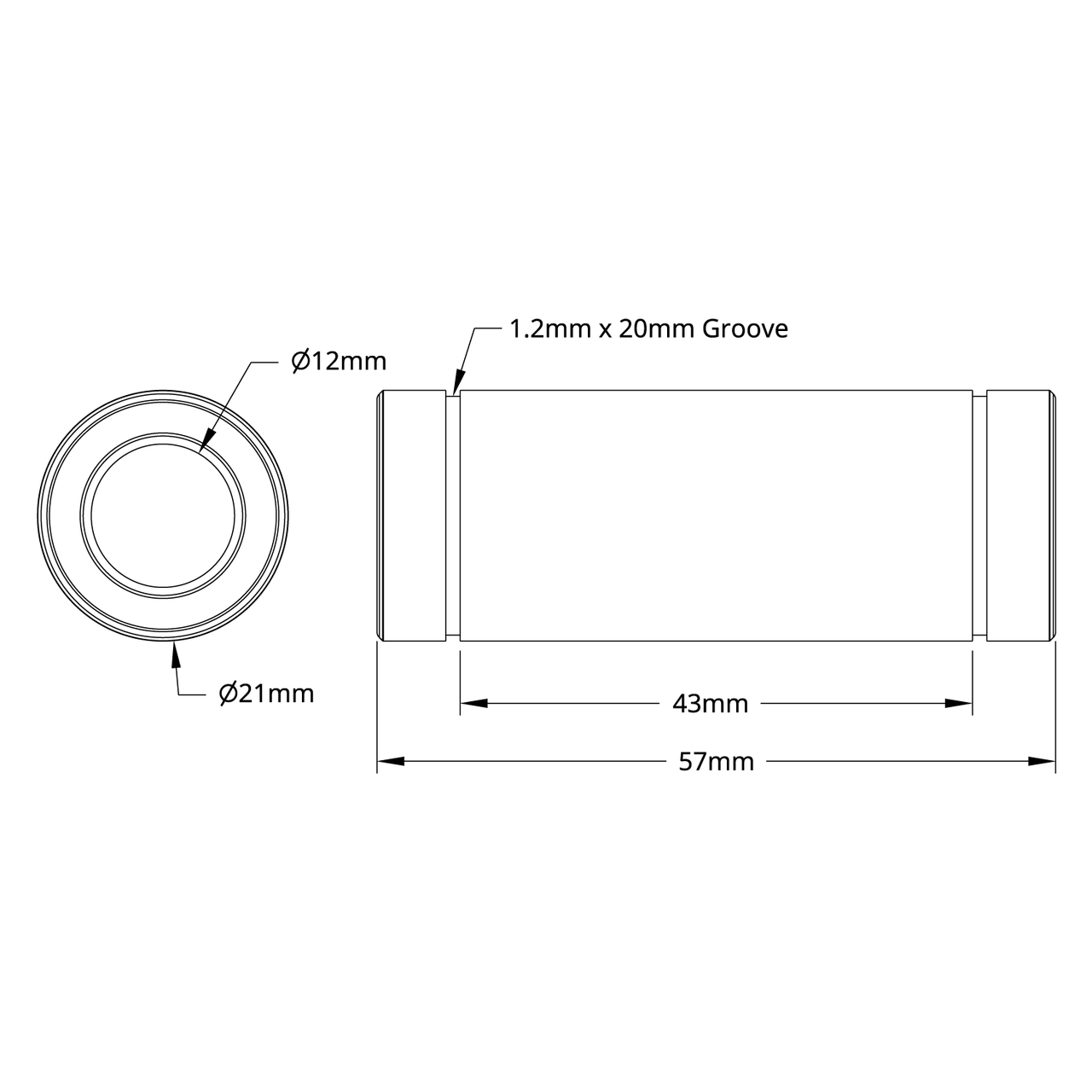 12mm ID Linear Ball Bearing (21mm OD, 57mm Length) - 2 Pack