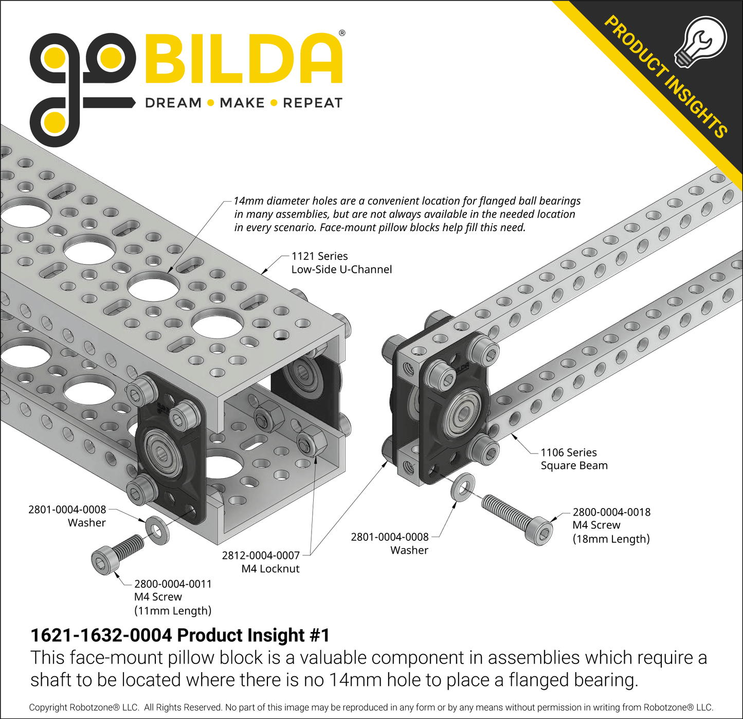 4mm Bore Flat Pillow Block (16mm x 32mm Mounting Pattern) - 2 Pack