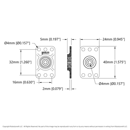 4mm Bore Flat Pillow Block (16mm x 32mm Mounting Pattern) - 2 Pack